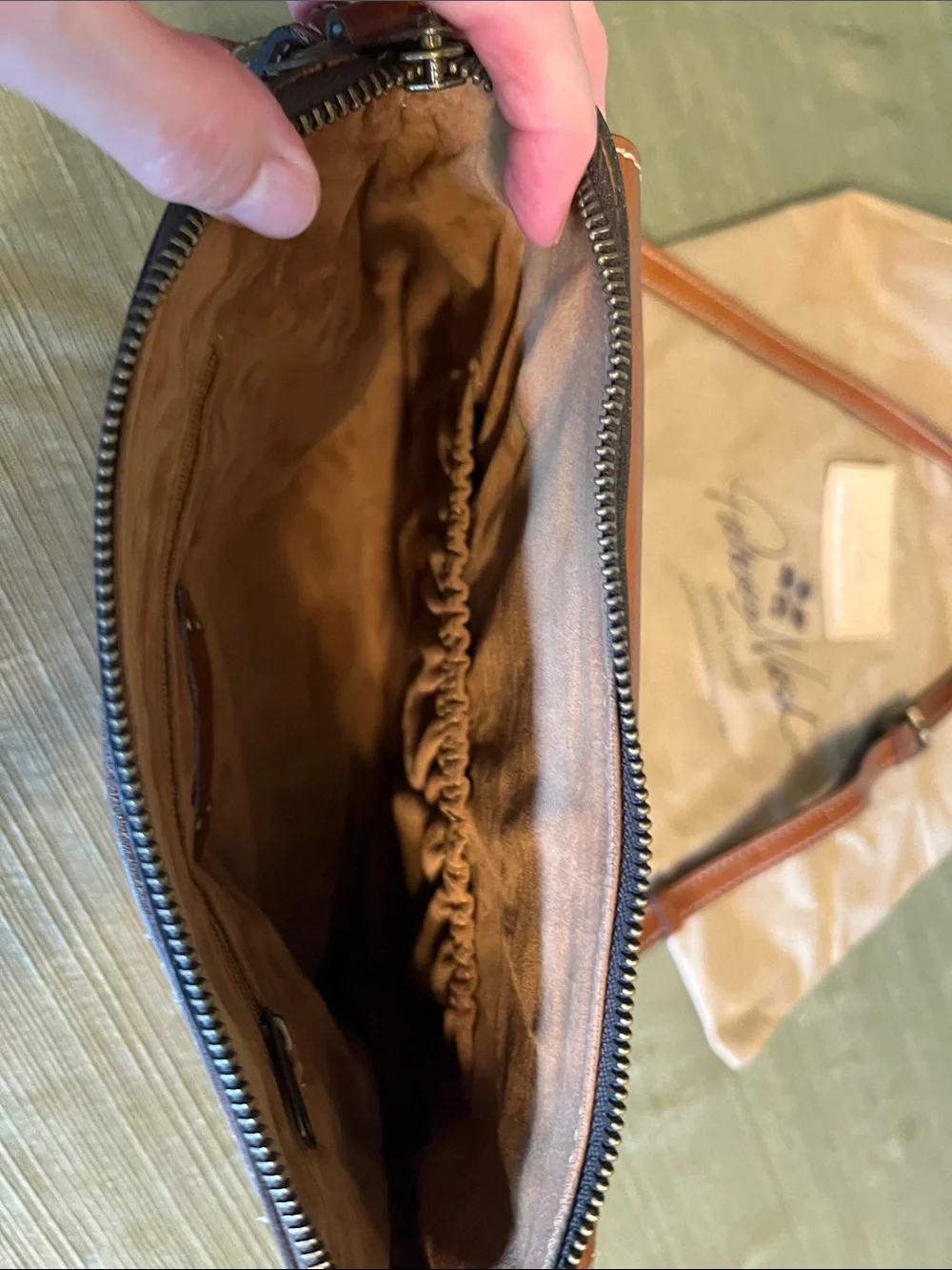 Patricia Nash Cognac Leather Crossbody with Buckle Detail and Matching Wallet